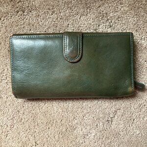 vintage Peruzzi green leather wallet RDFI zippered compartment 7x3.5